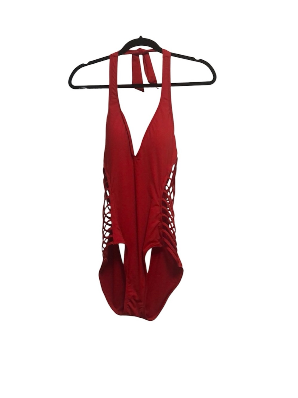 Red Halter One-Piece Swimsuit with Cut-Out Side Detail tags cut out size m